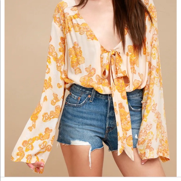 Free People - Forties Feels Yellow Floral Print Tie-Front Bodysuit, Size Small - Picture 2 of 9